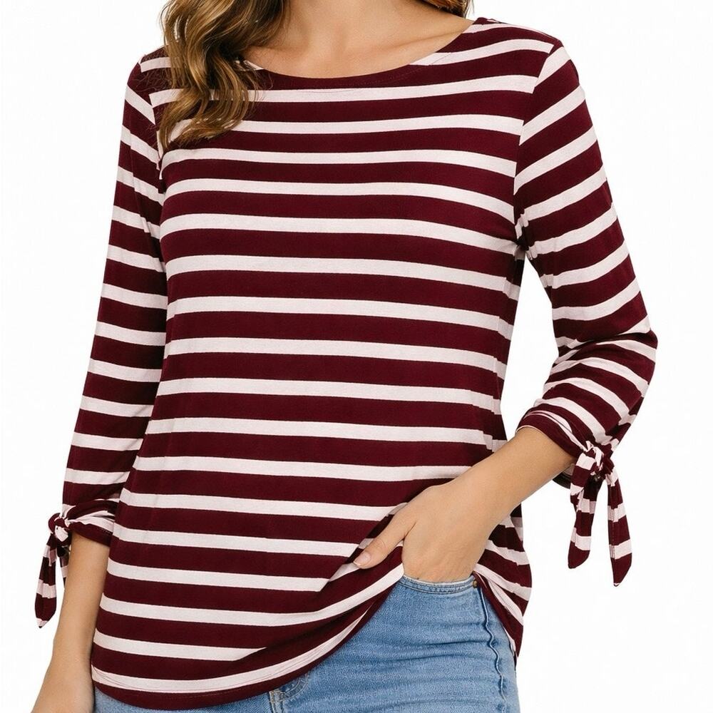 Old Navy Burgundy & White Striped Tie Sleeve Top Medium